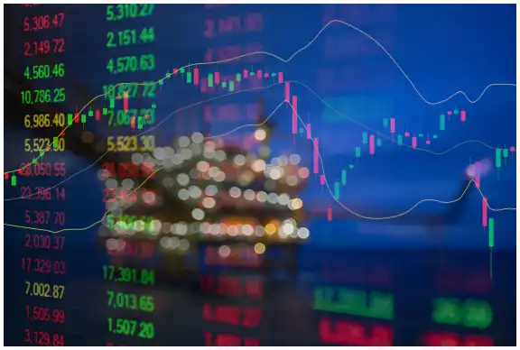 Double exposure image of charts and trading numbers.