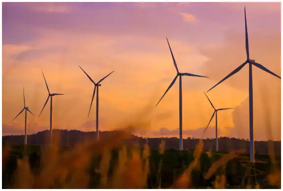 Wind turbines at sunset.