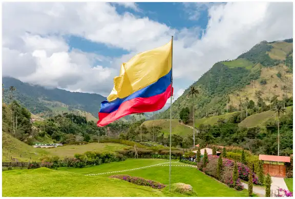 Columbia flag waving in the wind in the hills.