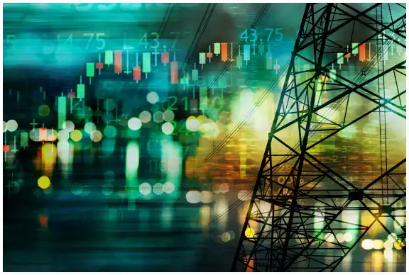 Double exposure image of  High voltage power line and charts numbers.